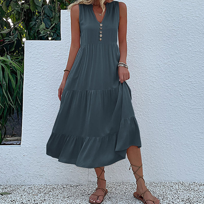 Damen Maxikleid Luftig Knöpfe Rüschensaum