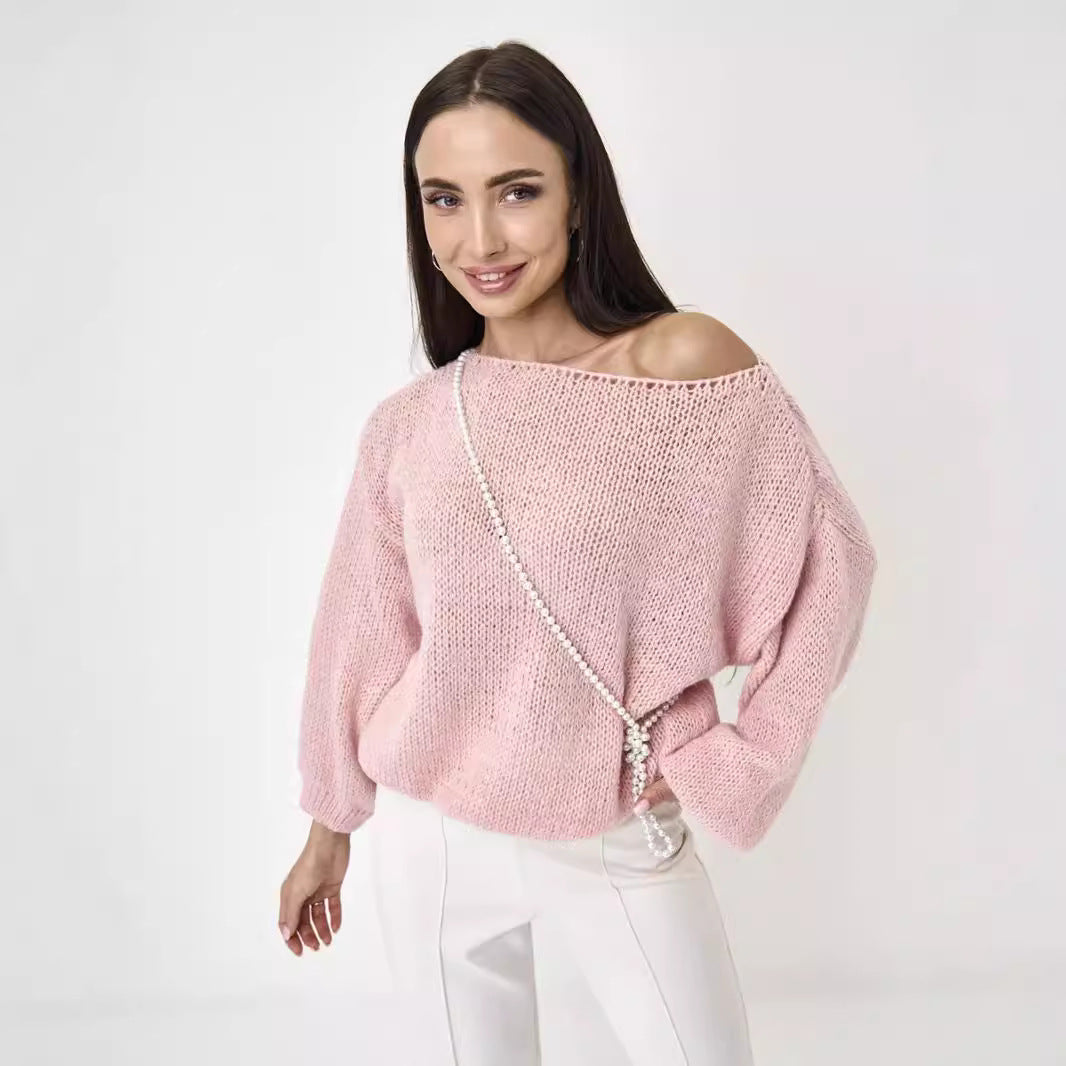 Damen Grobstrickpullover Weite Ärmel Rundhals Schwarz Eveloria - Eveloria