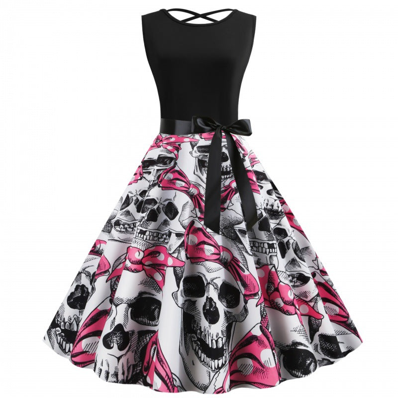Damen Rockabilly Kleid Totenkopf Motiv Voluminöser Rock