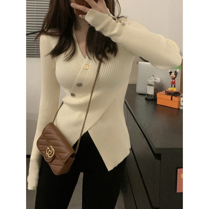 Damen Rippstrick-Cardigan mit Knöpfen und V-Ausschnitt Schwarz - Eveloria