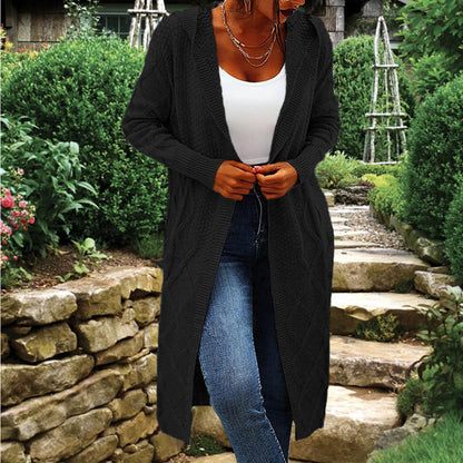 Damen Strickcardigan Lang Hochkragen Zopfmuster Beige