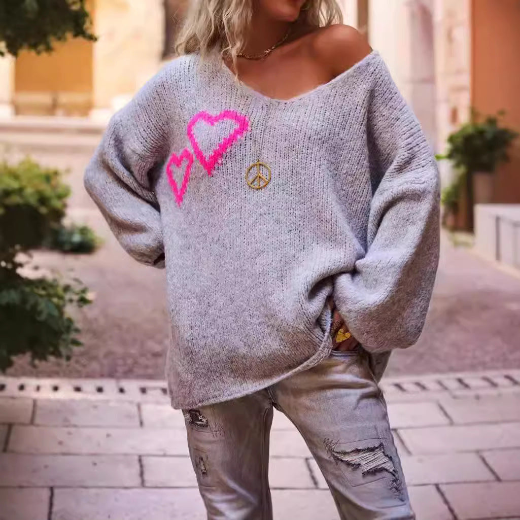 Damen Strickpullover Oversize mit Herzapplikationen Beige
