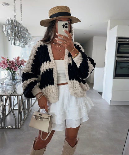 Damen Strickcardigan Oversized Großes Zopfmuster Beige