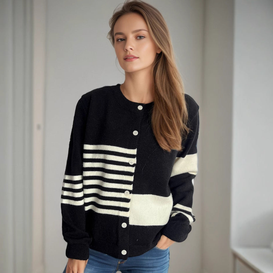 Damen Strickjacke Kontraststreifen Elegante Knöpfe Beige - Eveloria