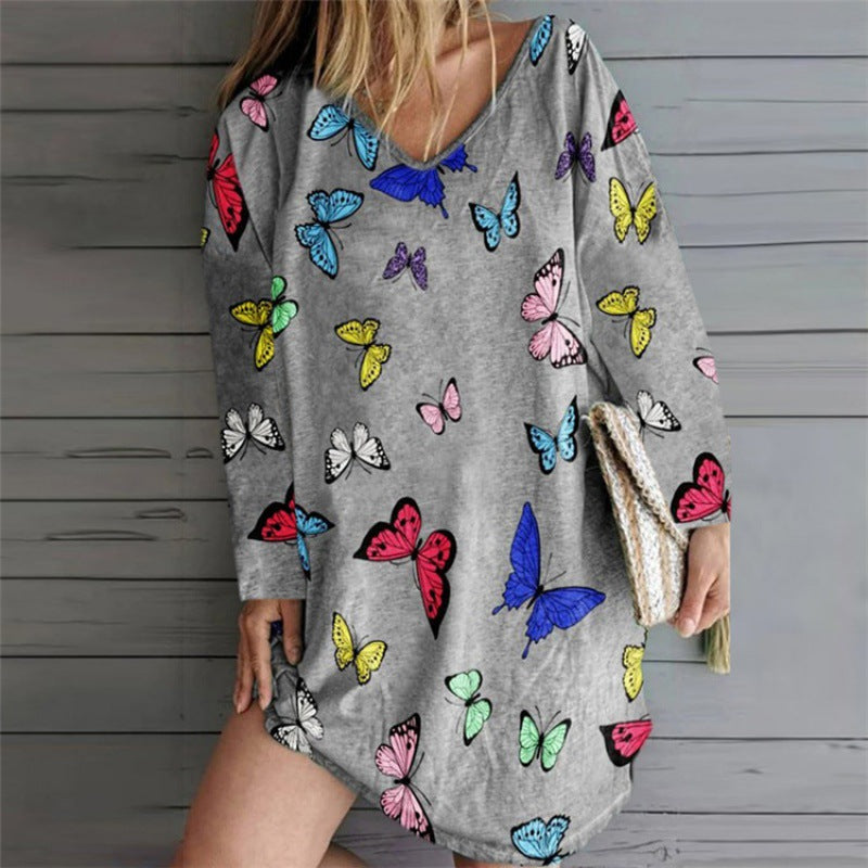 Damen Freizeitkleid mit Schmetterlingsmuster V-Ausschnitt Bunt