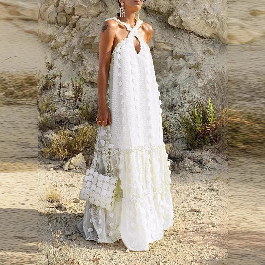 Damen Maxi-Kleid Florales Muster Rüschen Details