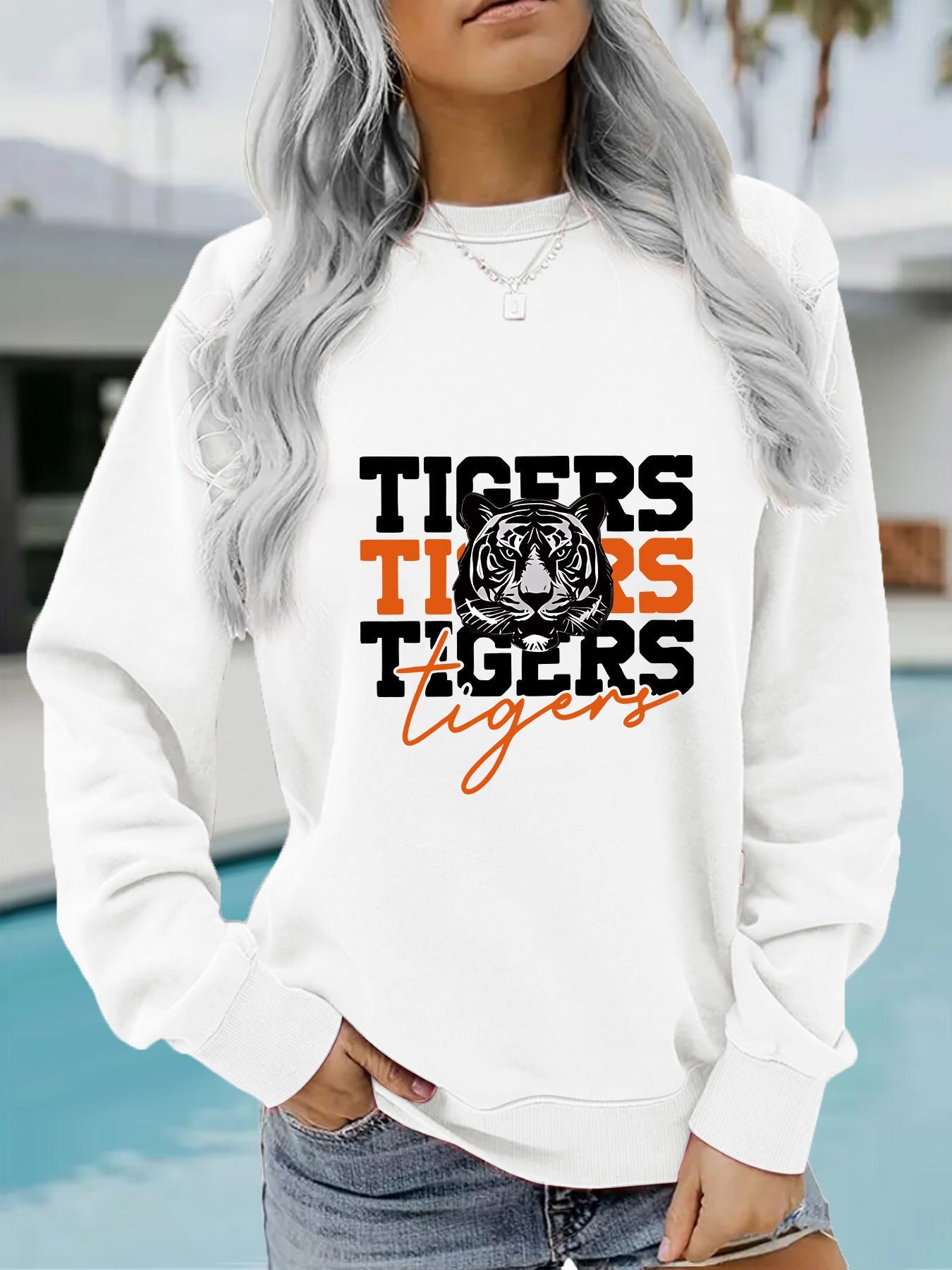 Damen Sweatshirt Tiger-Design Lässig Grau Eveloria