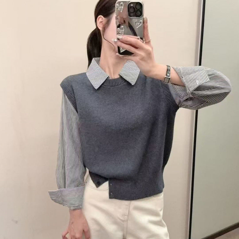 Damen Pullover Lässig Strukturiert Mit Hemdärmel Beige