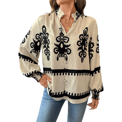 Damen Bluse Botanischer Druck Puffärmel Eveloria