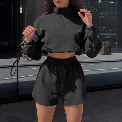 Damen Crop- Set Hochkragen Kürzere Hose Eveloria