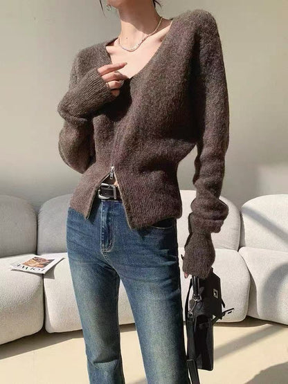 Damen Strickjacke V-Ausschnitt Reißverschluss Eveloria