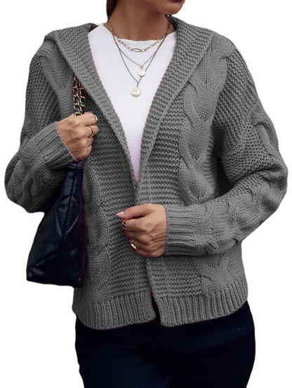 Damen Cardigan Grobstrick Kapuze Zopfmuster Beige