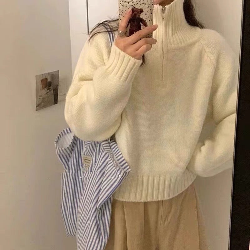 Damen Strickpullover Hochgeschlossen Reißverschluss Eveloria