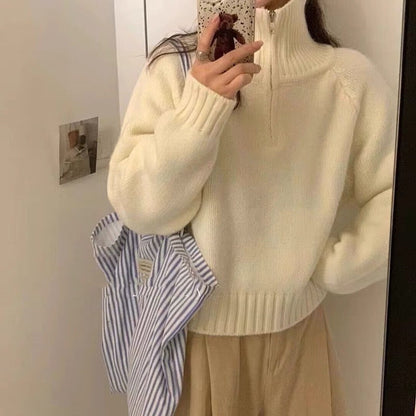 Damen Strickpullover Hochgeschlossen Reißverschluss Eveloria