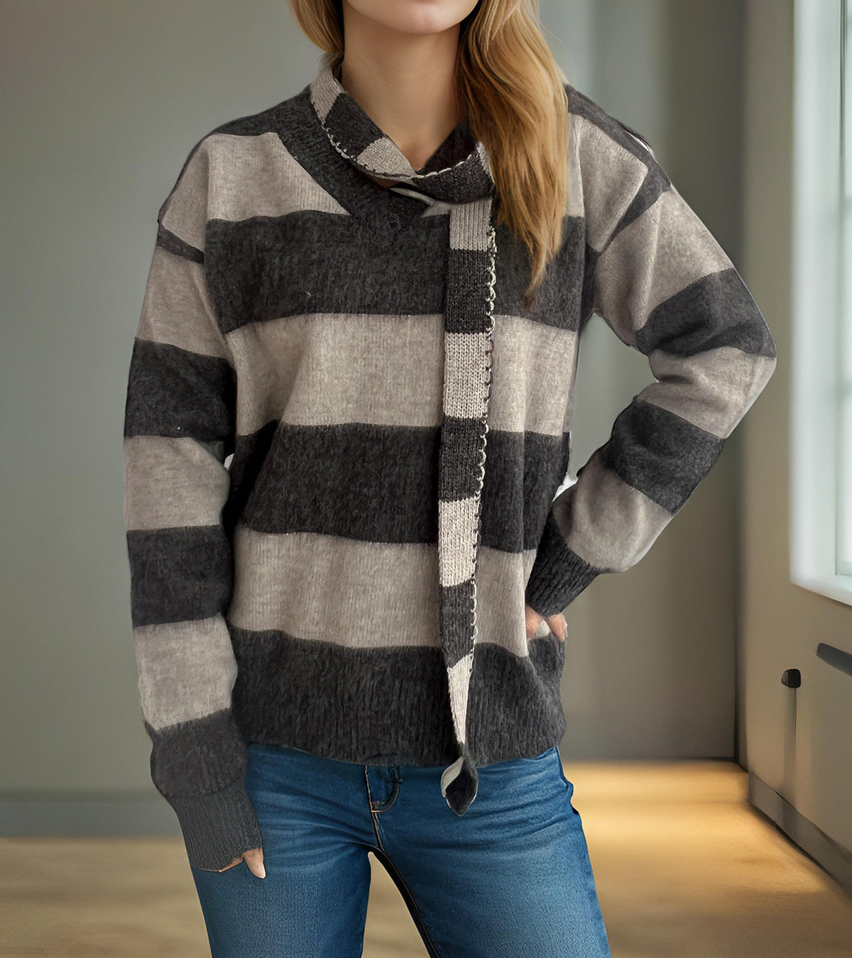 Damen Strickpullover Lässig Schlaufenakzente Beige