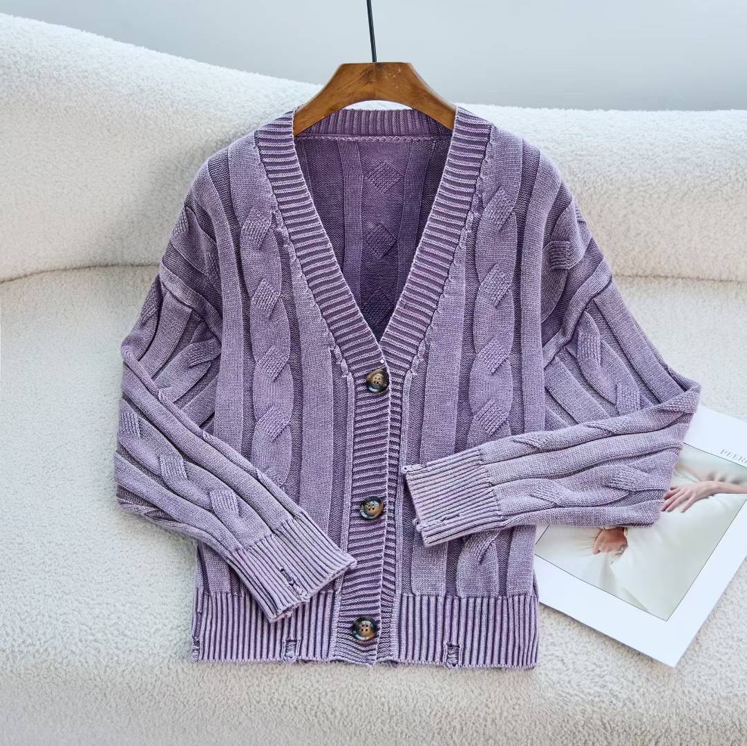 Damen Cardigan Grobstrick V-Ausschnitt Zopfmuster Beige