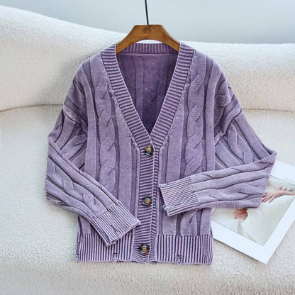 Damen Cardigan Grobstrick V-Ausschnitt Zopfmuster Beige