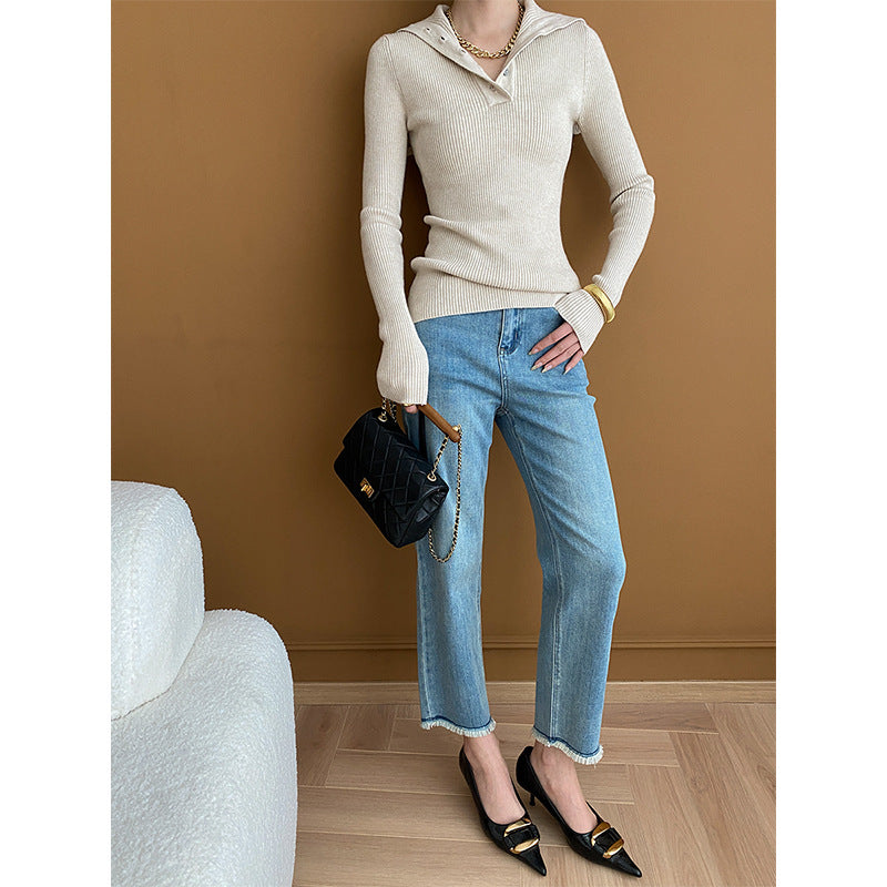 Damen Strickpullover V-Ausschnitt Knopfleiste Eveloria