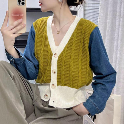 Damen Strickcardigan mit Denim-Ärmeln Blau Eveloria