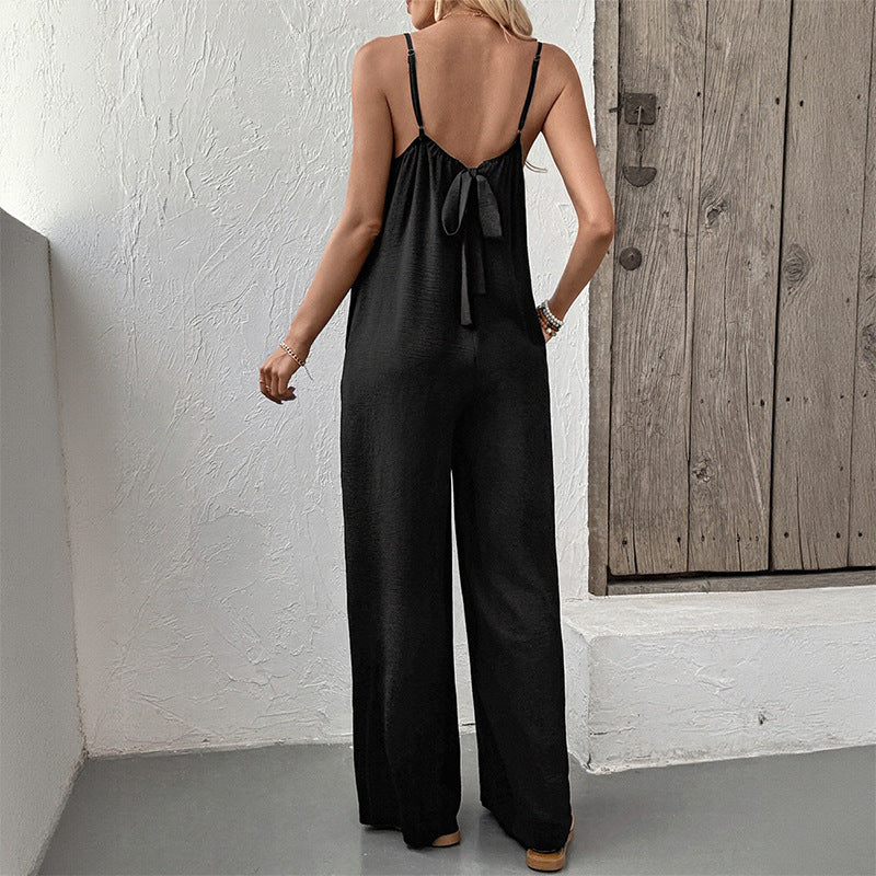 Damen Jumpsuit V-Ausschnitt Spitzenakzent Eveloria