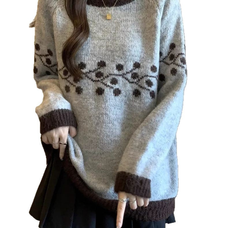 Damen Strickpullover Weich Floralmuster Kontrastspitzen