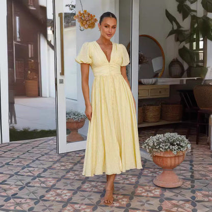 Damen Maxi-Kleid V-Ausschnitt Rüschen