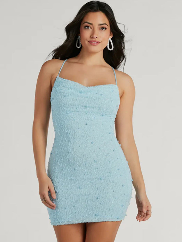 Damen Minikleid Figurbetont mit Perlen Spaghettiträgern