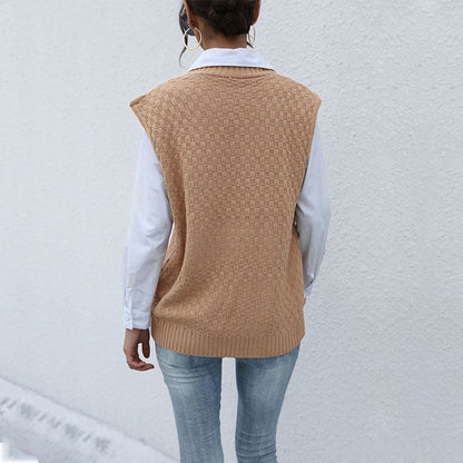 Damen Strickpullover ohne Ärmel V-Ausschnitt Strukturiert Eveloria