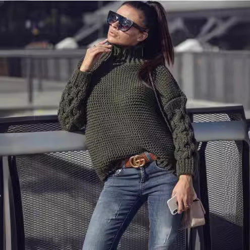 Damen Strickpullover Hochkragen Pompönärmel Eveloria
