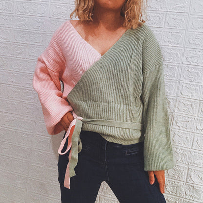 Damen Strickpullover Modernes Wickeldesign Breite Ärmel