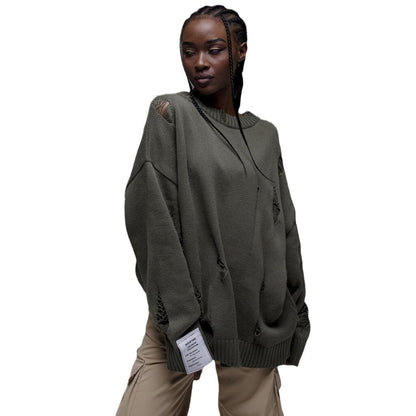 Damen Oversized Pullover Grobgestrickt Distressed Details Beige