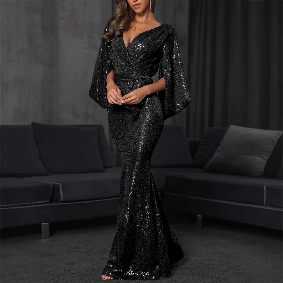 Damen Abendkleid Pailletten V-Ausschnitt Eveloria