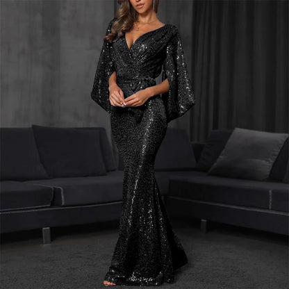 Damen Abendkleid Pailletten V-Ausschnitt Eveloria