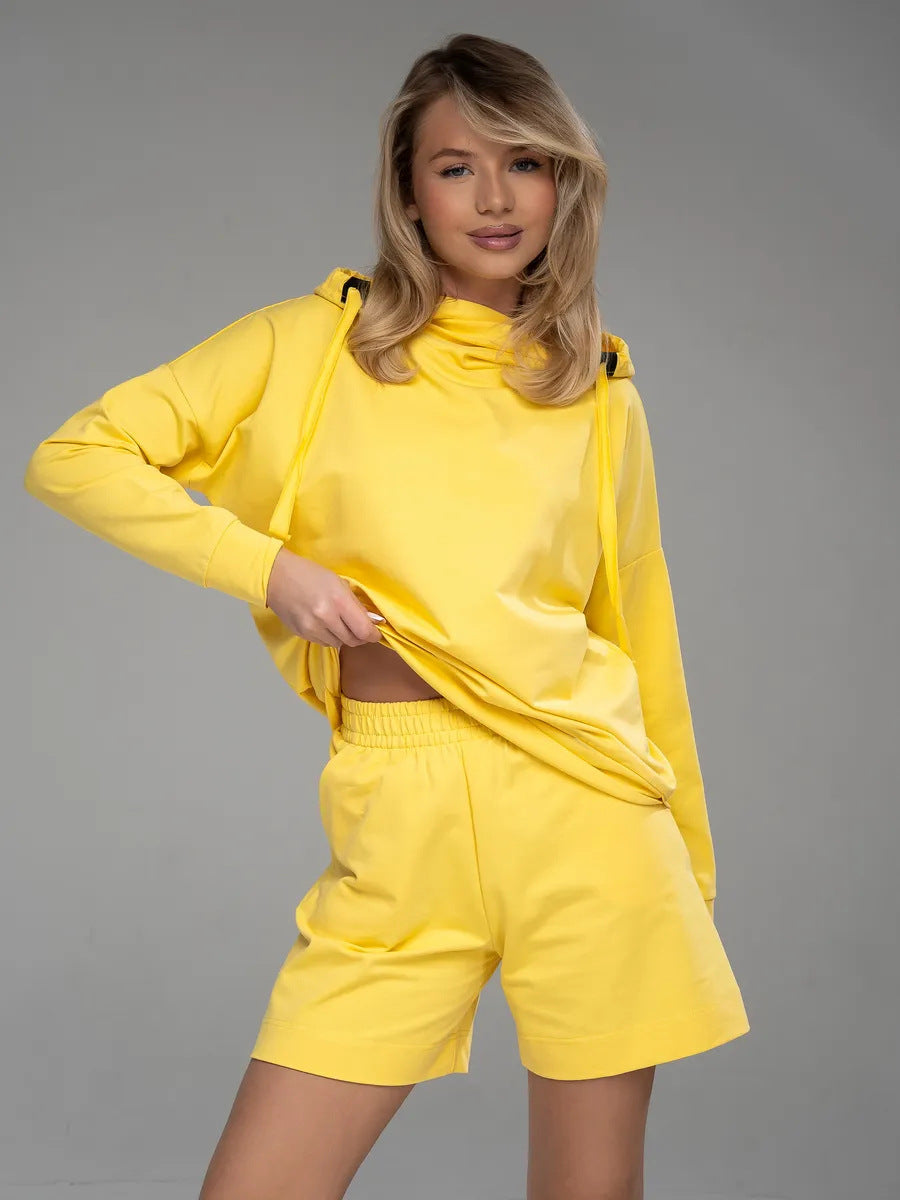 Damen Hoodie Set mit Kängurutasche und Shorts Baumwolle Beige