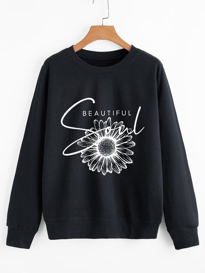 Damen Sweatshirt Floralmuster Mit Schriftzug Eveloria