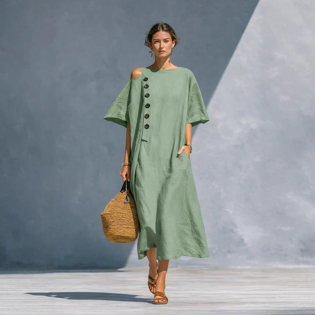 Damen Oversize Langarmkleid Asymmetrischer Ausschnitt Knöpfe