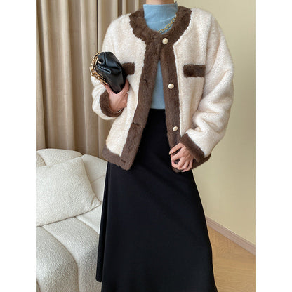 Damen Bouclé-Jacke Kuschelig Dekorative Knöpfe Beige - Eveloria