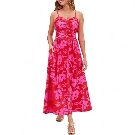 Damen Maxikleid Schmale Träger Baumwolle Mit Seitentaschen Beige - Eveloria