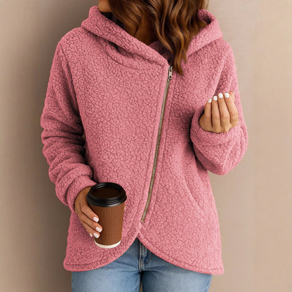 Damen Fleecejacke Asymmetrischer Reißverschluss Kapuze