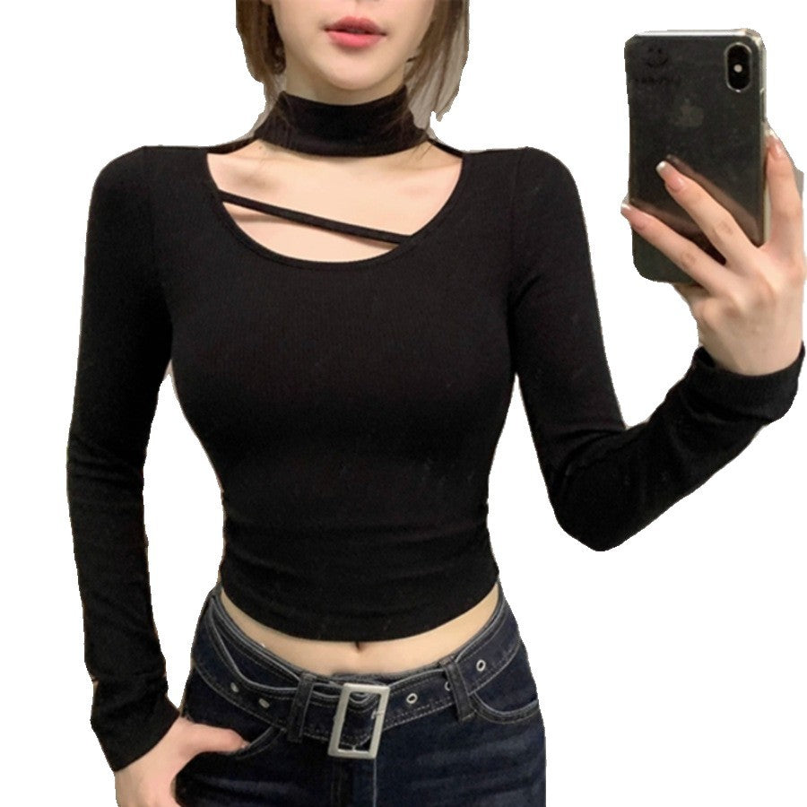 Damen Oberteil Langarm Cut-Out Halsausschnitt Höher Kragen