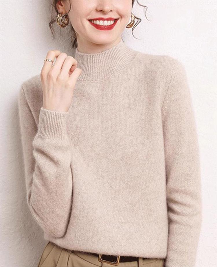 Damen Pullover Kaschmir Optik Stehkragen Schmale Ärmel