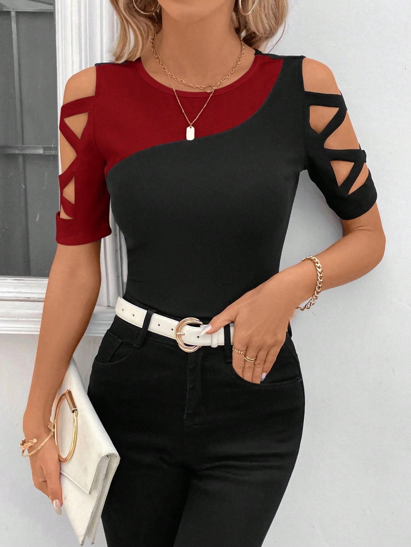 Damen Klassisches T-Shirt Schulterfrei Slim Fit Weiß