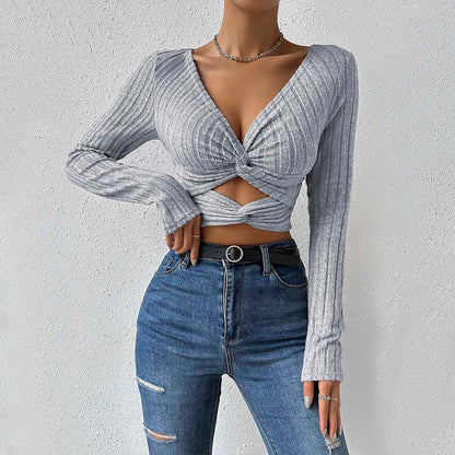 Damen Oberteil Cropped Twist-Design Länge Mit Ärmeln Eveloria