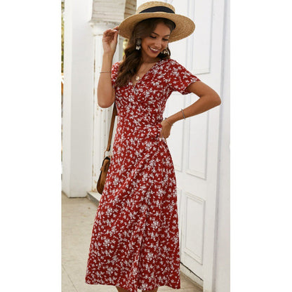 Damen Maxikleid Florales Wickeldesign Eleganter Brustverschluss