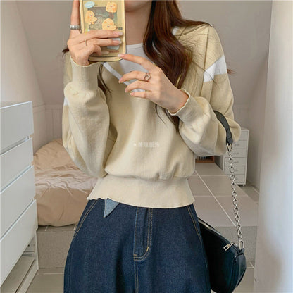 Damen Pullover V-Ausschnitt Oversized Baumwolle Beige