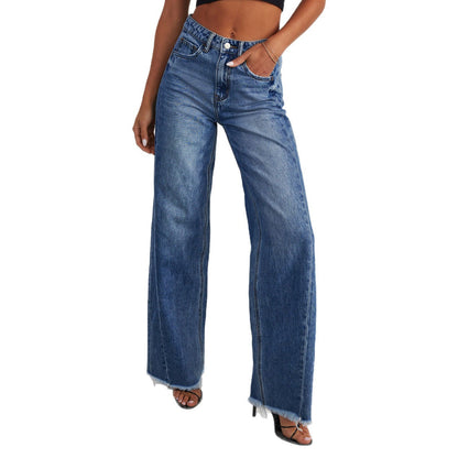 Damen Weite Denim-Jeans Franser Saum Blau