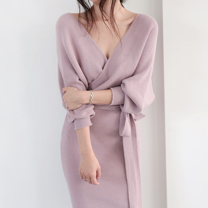 Damen Strickkleid Wickeloptik Länge Mit langen Ärmeln Schwarz - Eveloria