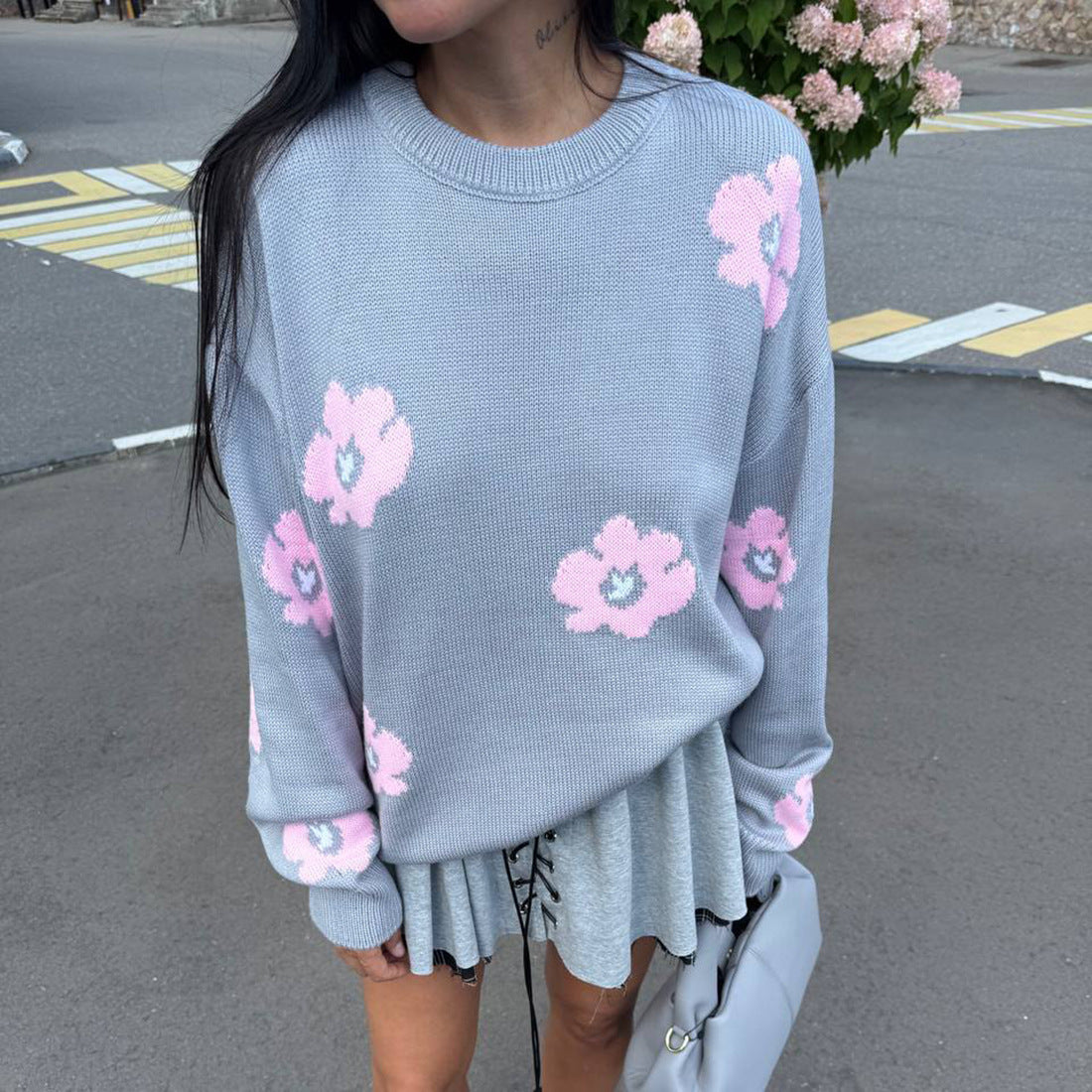 Damen Pullover Grobgestrickt Blumenmuster Eveloria