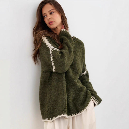 Damen Strickpullover Lässig Farbakzent Saum Eveloria - Eveloria