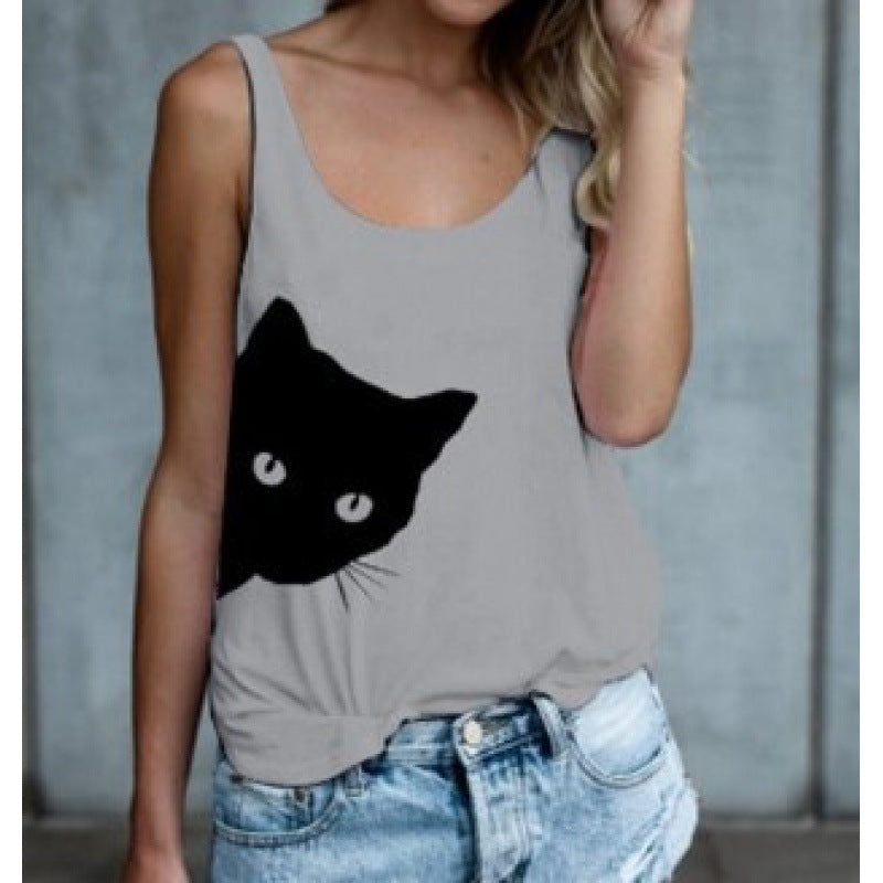 Damen Tanktop Katzenmotiv Baumwolle Lässig Weiß